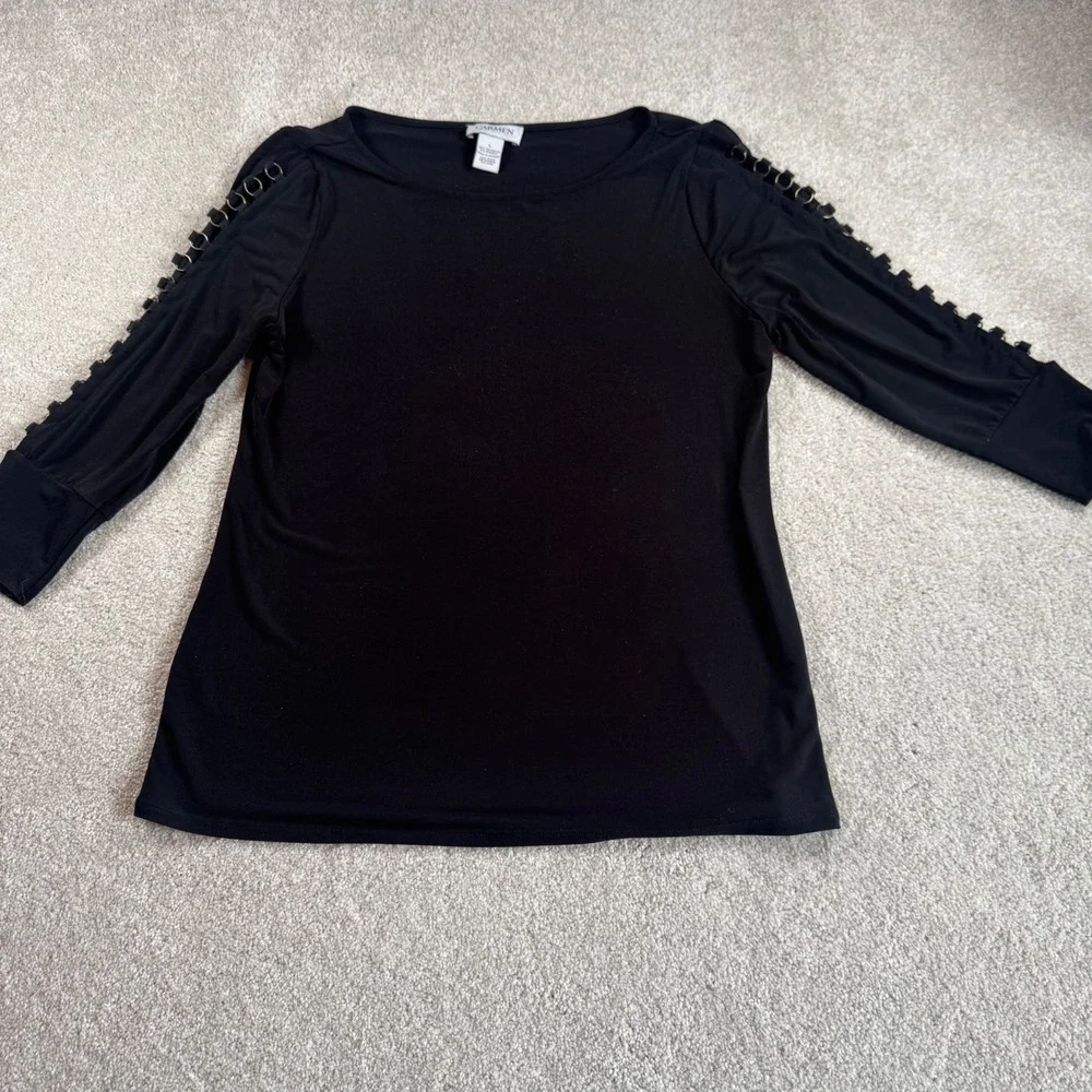 Carmen Marc Valvo Womens Black Gold Ring Cut Out Shoulder Long Sleeve Top Large - Picture 2 of 7
